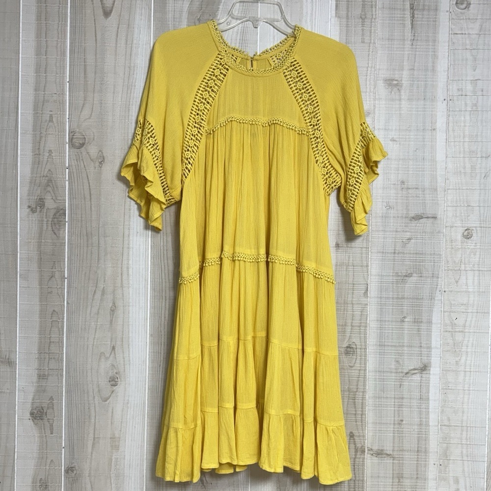 NWT Patrons Of Peace Ruffle Tiered Crochet Dress L Yellow Coquette
